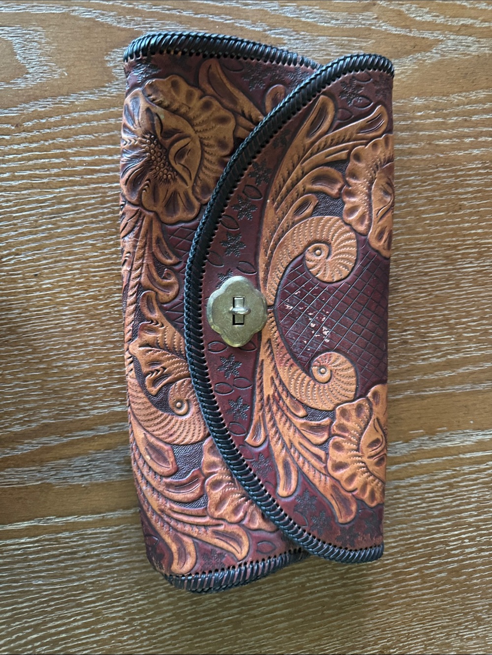 Tooled Floral Leather Clutch Purse in Brown and Tan